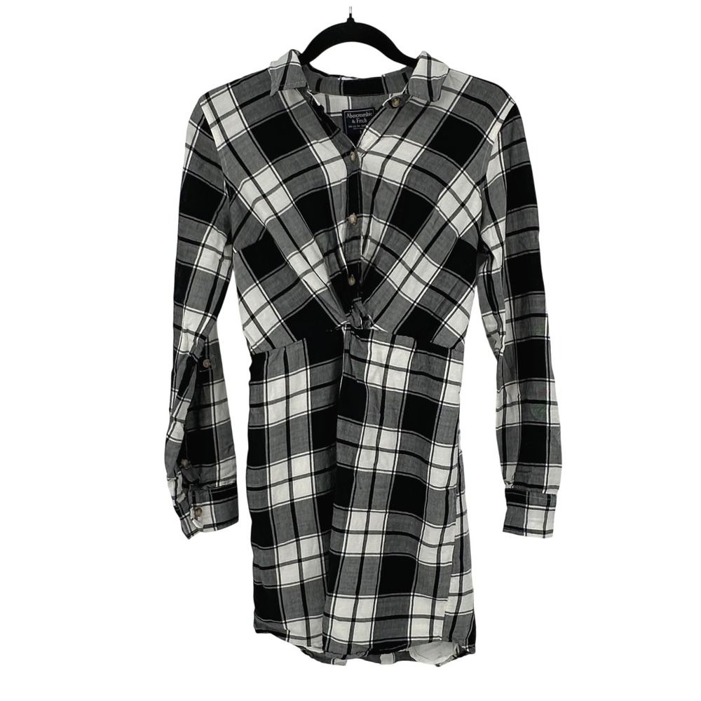 Abercrombie Fitch Plaid Twist Front Button Down Shirt Dress Black White Size S‎